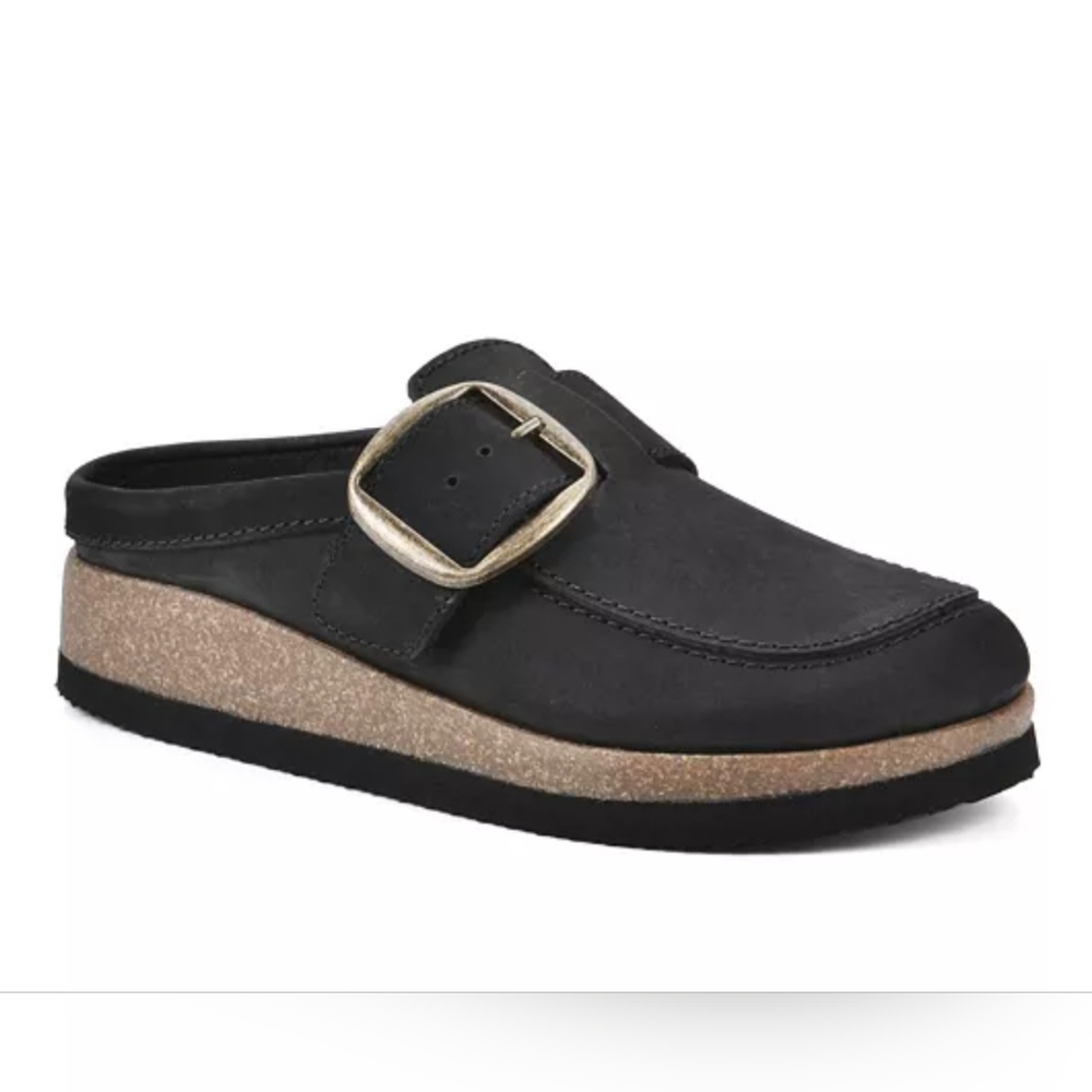 White Mountain Bueno Mule Blackless Black Suede Leather Cork Platform Sz 7-8.5